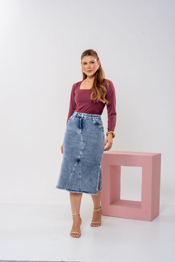 Saia Beatriz Stone | Saia Jeans Midi Feminina 100% Algodão