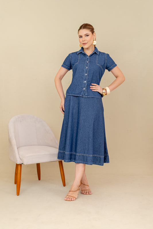 Conjunto Diana Jeans – Camisa e Saia Midi com Caimento Elegante