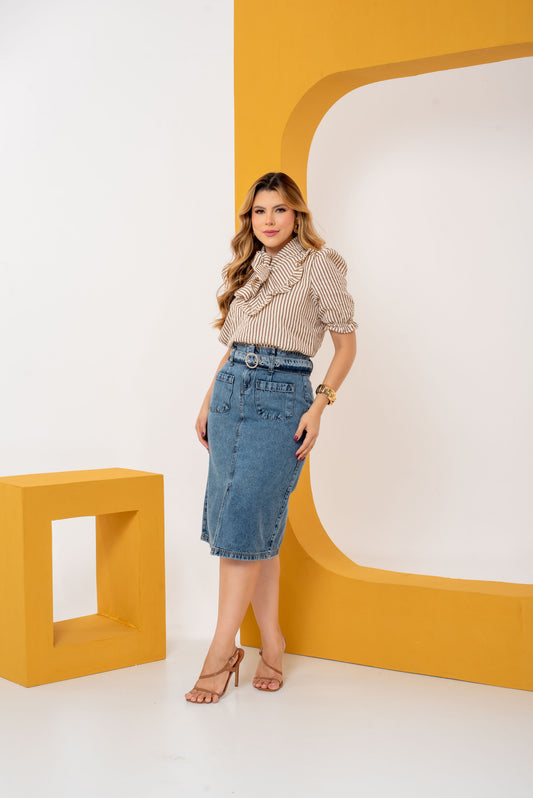 Saia Patrícia Jeans Midi com Cinto – Elegância e Estrutura que Valorizam a Silhueta