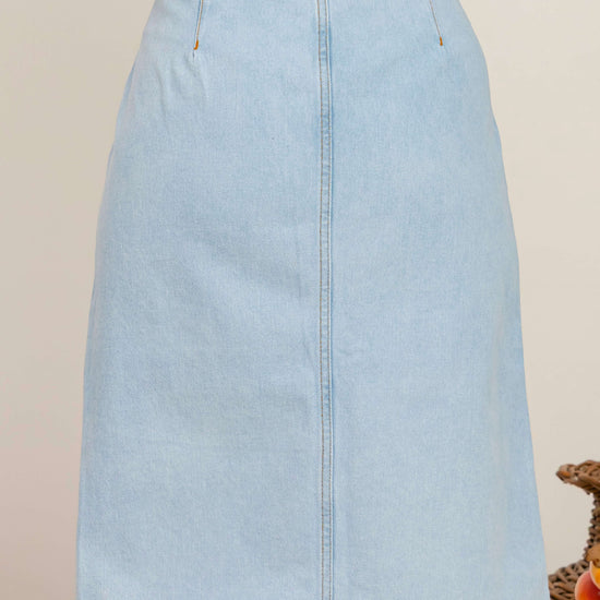Saia Laís Jeans Midi – Saia Reta com Bolsos Utilitários e Abertura Frontal 