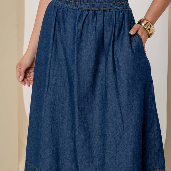 Saia Jeans Midi Laura com elástico na cintura - Sthá Jeans