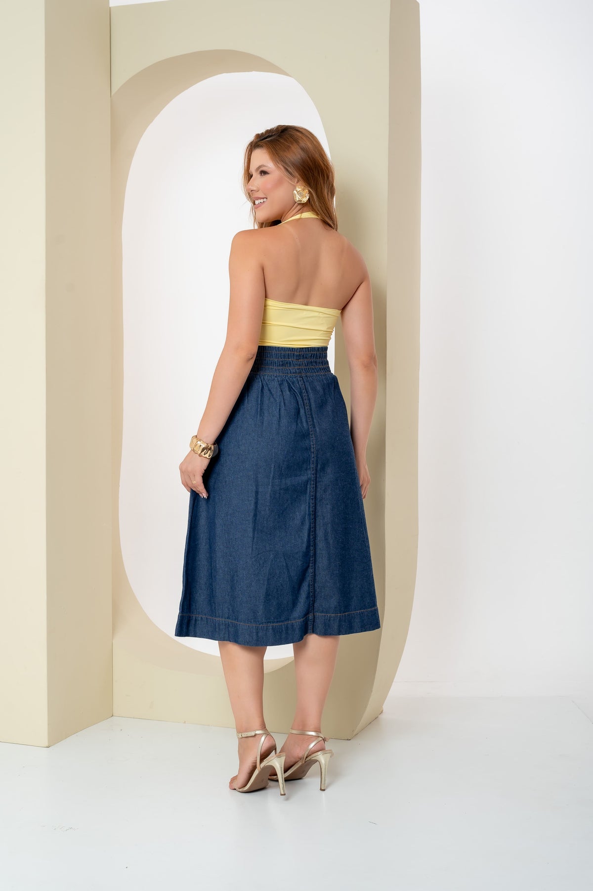 Saia Jeans Midi Laura com elástico na cintura - Sthá Jeans