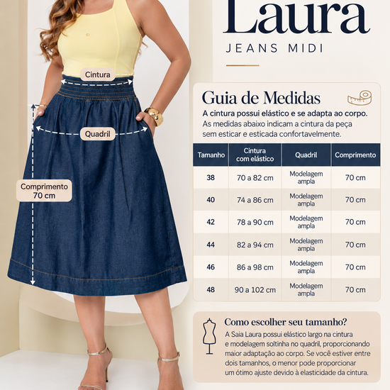 Saia Jeans Midi Laura com elástico na cintura - Sthá Jeans