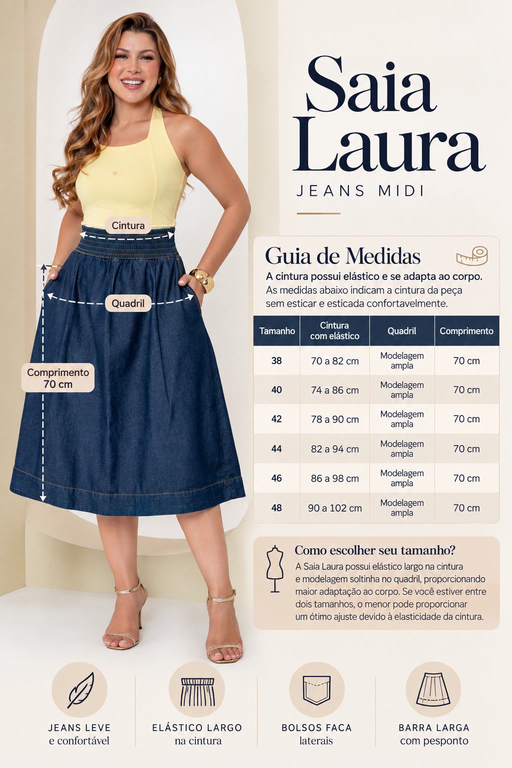 Saia Jeans Midi Laura com elástico na cintura - Sthá Jeans