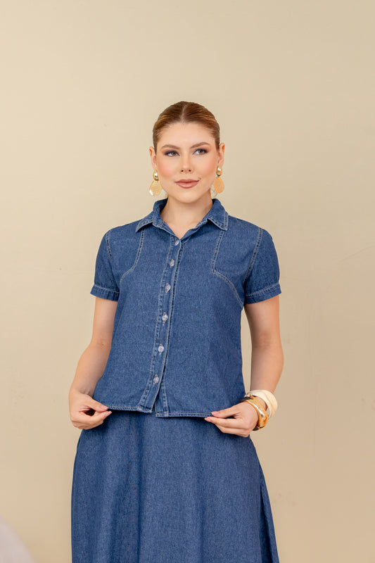 Blusa Diana Jeans – Camisa Feminina com Botões e Manga Curta