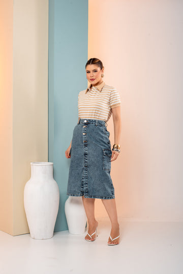 Saia Ana Cargo Marmorizada Maxi Midi – Saia Jeans com Bolsos Laterais e Botões Frontais