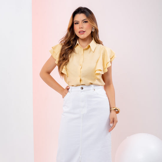 Saia Renata Maxi Off White – Saia Midi em Brim com Fenda Frontal e Bolsos 