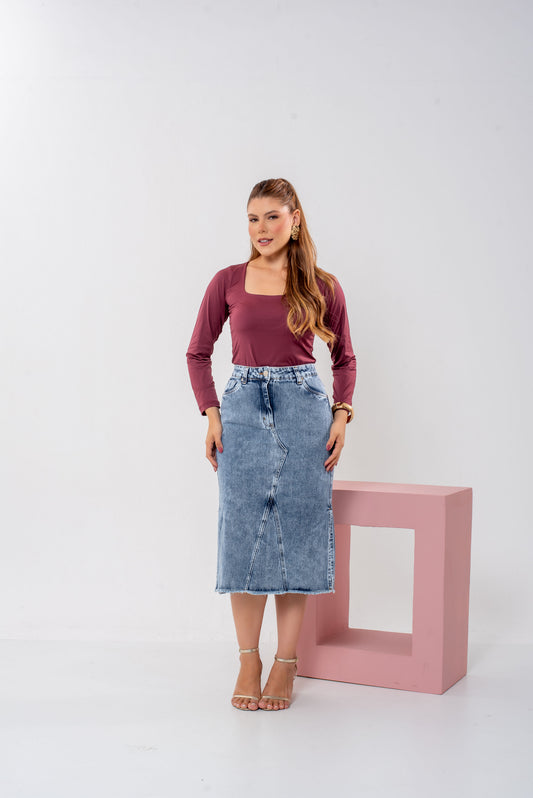 Saia Beatriz Stone | Saia Jeans Midi Feminina 100% Algodão
