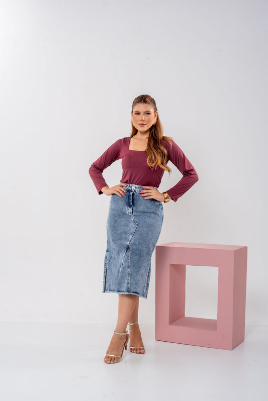 Saia Beatriz Stone | Saia Jeans Midi Feminina 100% Algodão