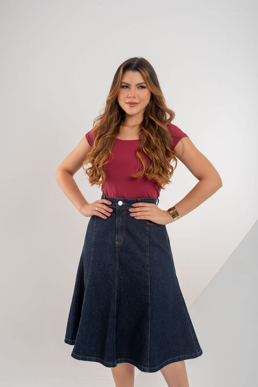 Saia Sofia Jeans Classic – Saia Midi Godê com Efeito Sereia | Stha Jeans