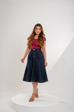 Saia Sofia Jeans Classic – Saia Midi Godê com Efeito Sereia | Stha Jeans