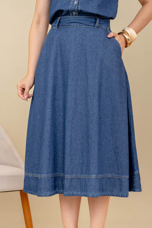 Saia Diana Jeans – Elegância, movimento e modéstia