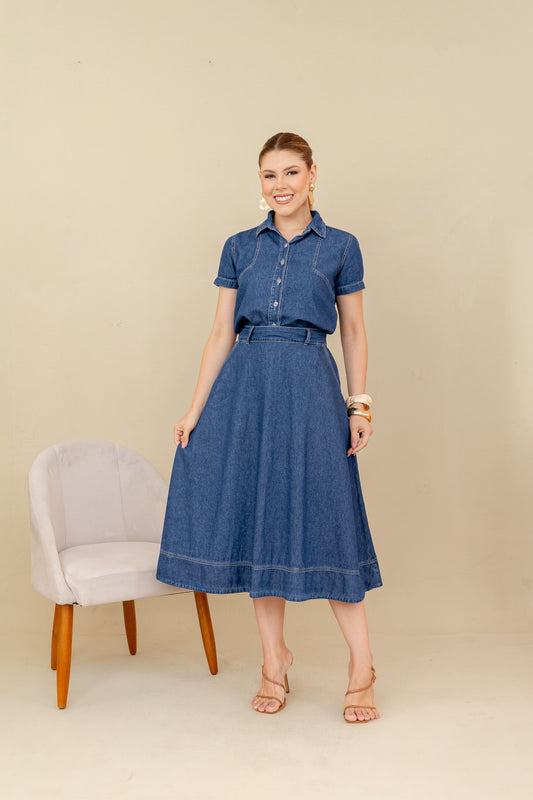 Saia Diana Jeans – Elegância, movimento e modéstia
