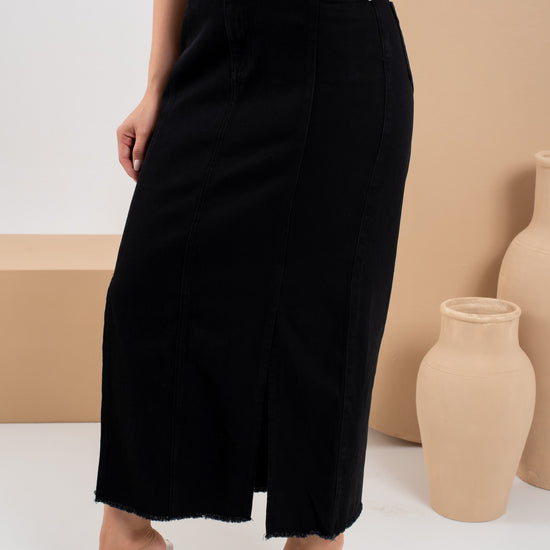 Saia Betule Preta – Saia Jeans Longa com Fenda Frontal 
