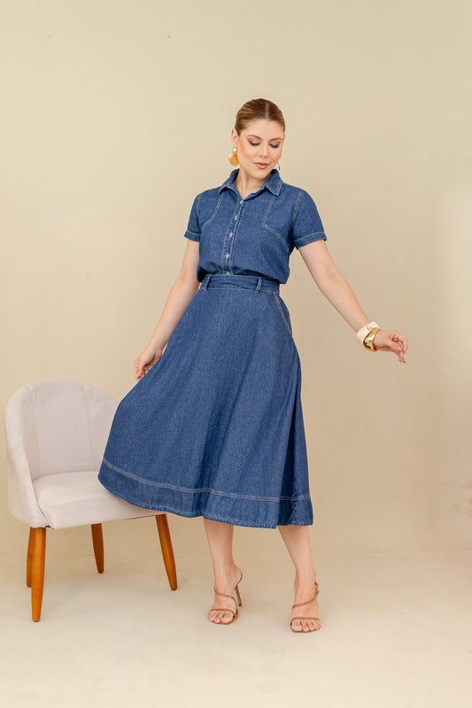 Conjunto Diana Jeans – Camisa e Saia Midi com Caimento Elegante