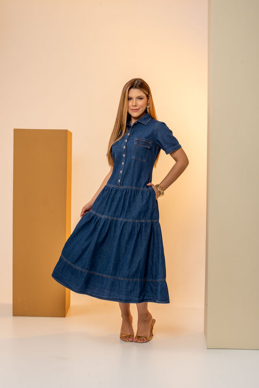 Vestido Thais Jeans Midi – Vestido Evasê com Botões Frontais e Bolsos