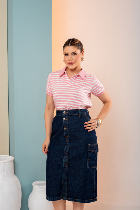 Saia Ana Cargo Maxi Midi Escura – Saia Jeans com Bolsos Laterais e Botões Frontais