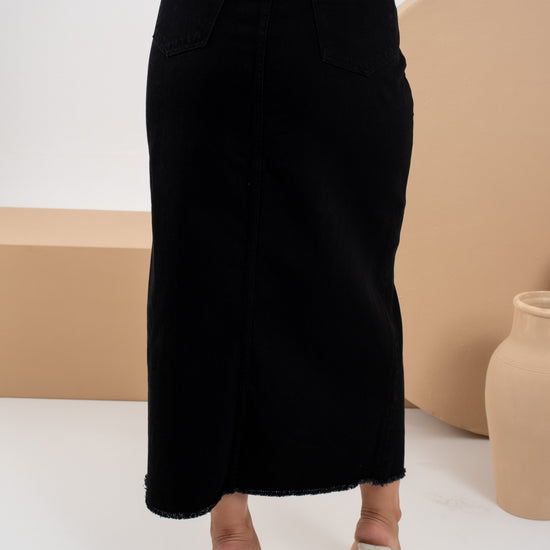 Saia Betule Preta – Saia Jeans Longa com Fenda Frontal 