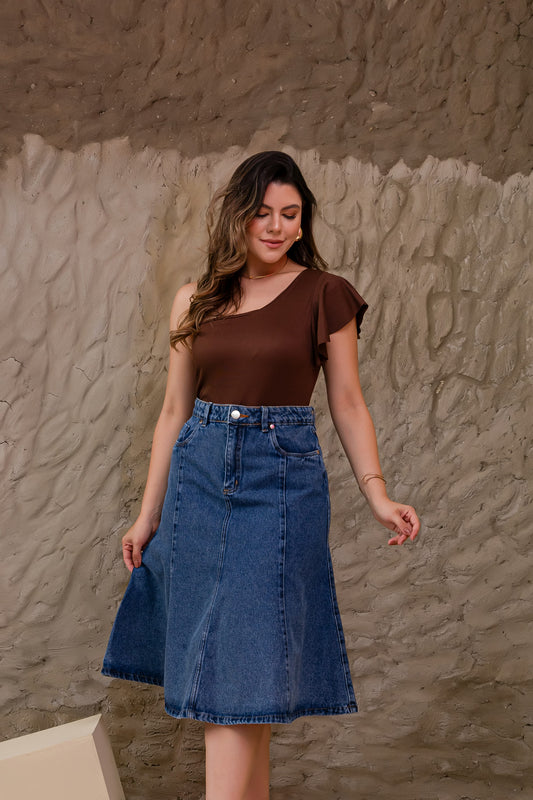 Saia Sofia Stone – Saia Midi Godê Jeans Lavagem Stone | Stha Jeans